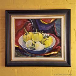 Jennifer Copley-May Still Life with yellow and white aubergines, oil on board, 29 x 21 cms
