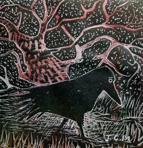 Starry Night (crow), hand worked original woodcut print on Japanese paper by Jennifer Copley-May