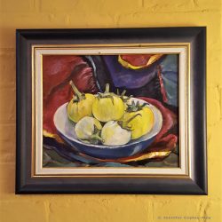 Still Life with yellow and white aubergines, oil on board, 29 x 21 cms