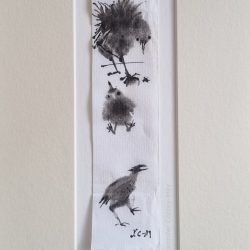 Three Little Birds, 2023, pen and ink on Japanese paper, 16.5x30cm (artwork 4x17cm)