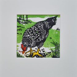 The Early Chook, original woodcut print, 27x29cm (artwork 14.5x14.5cm)