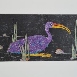 Ibis 1 (blk/p/t/g), 2023, original woodcut with collage, 39x25cm (artwork 29x13.5cm)