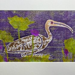 Ibis 2 (ppl/g/gld), 2023, original woodcut print with collage, 41x27cm framed (artwork 29x13.5cm)