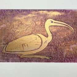 Ibis 3 (rose gld), 2023, original woodcut print with collage, 41x27cm mounted (artwork 29x13.5cm)