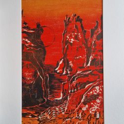 Monarch, 2023, original woodcut print (red)59x35cm (artwork 44.5x23cm)