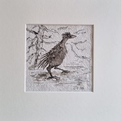 On A Mission, pen and ink on Indian paper, 20x20.5cm framed (artwork 10x10cm)