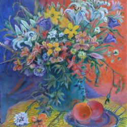 Mixed Bouquet with Oranges, oil and pastel on canvas 